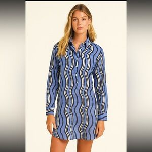 Oliphant Blue & White Swirl Print Roll Sleeve Tunic Top Small